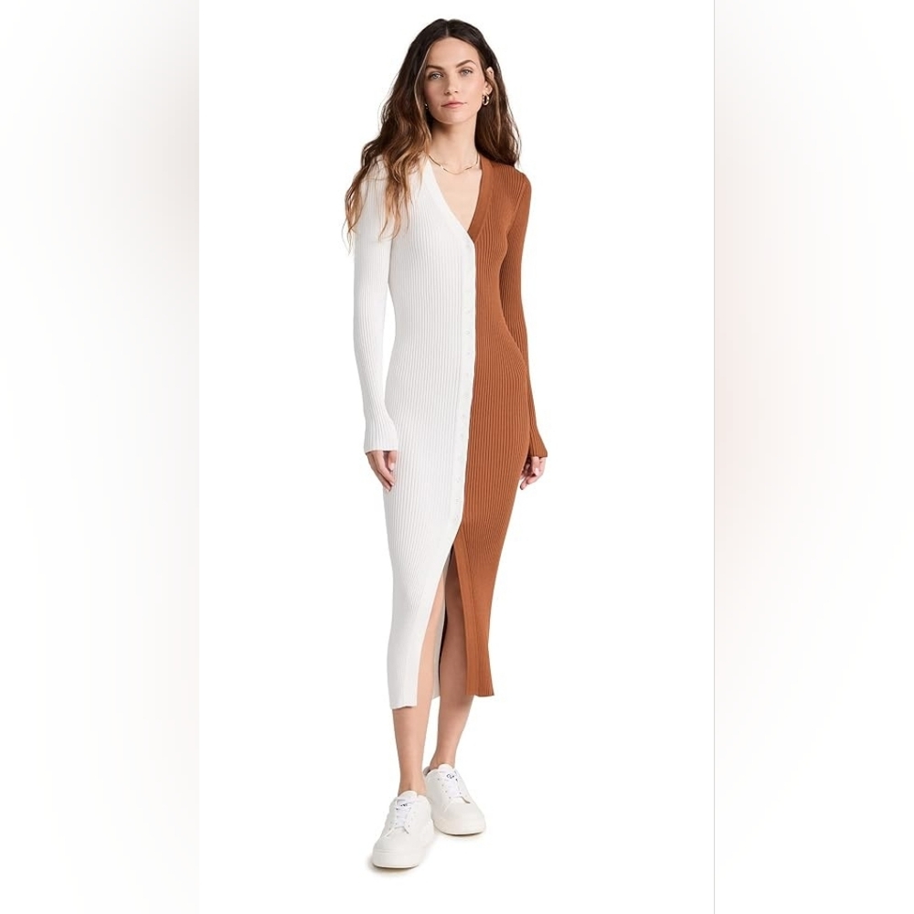 STAUD Long Sleeve White and Brown Knit Dress